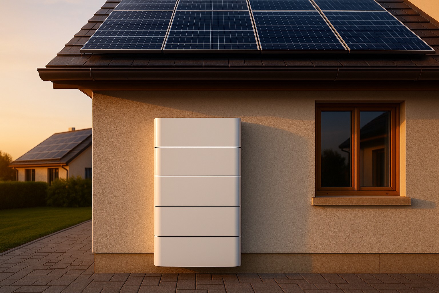 Moderner Hausspeicher in Weiß, horizontal zentriert unter Dach-Solarmodulen, im warmen Abendlicht vor einem Einfamilienhaus.