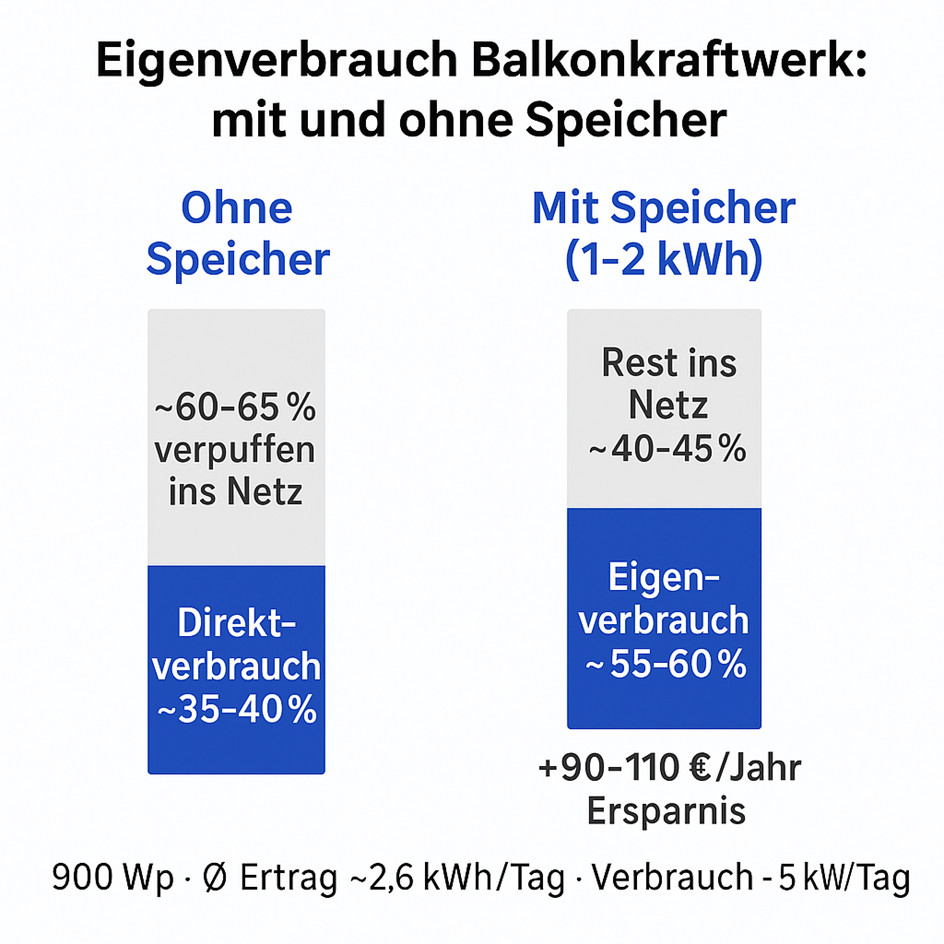Ratgeber Balkonkraftwerkspeicher - Infografik: Eigenverbrauch Balkonkraftwerk 900 Wp – 35–40 % ohne Speicher, 55–60 % mit 1–2 kWh Speicher, Ersparnis 90–110 €/Jahr.