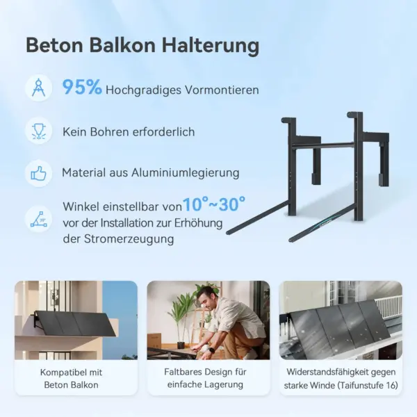 Sunshare Ray Balkonhalterung für Betonbrüstung – Winkel einstellbar <p data-start="107" data-end="191">Die Sunshare Ray Balkonhalterung für Betonbrüstungen ist stabil, flexibel und passt zu über 90 % aller Balkontypen. Kein Bohren nötig – einfach montieren und den Winkel individuell einstellen.</p>