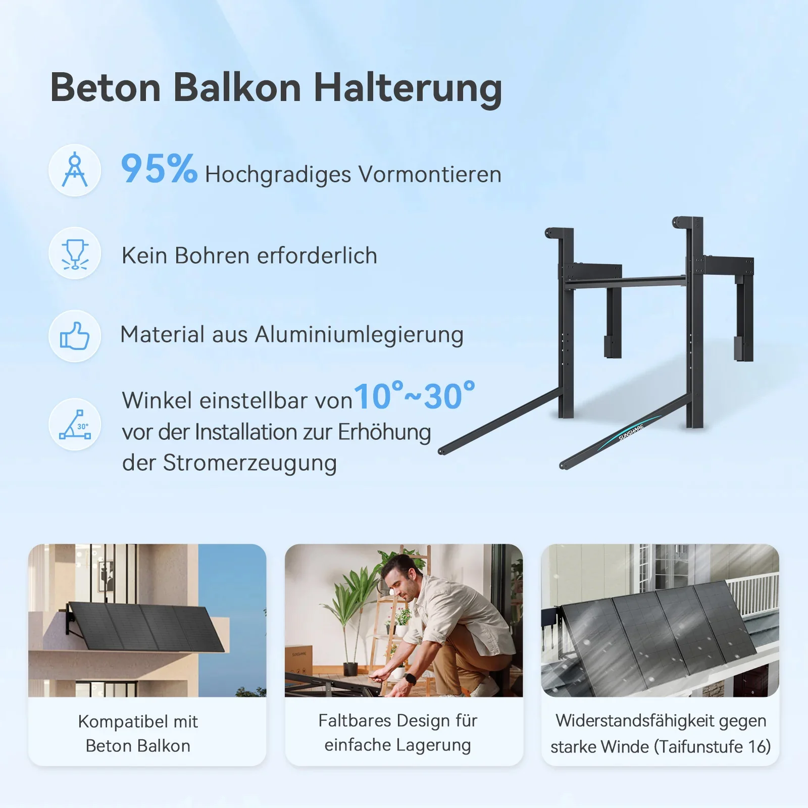 Betonhalterung Sunshare Ray Balkonhalterung für Betonbrüstung – Winkel einstellbar <p data-start="107" data-end="191">Die Sunshare Ray Balkonhalterung für Betonbrüstungen ist stabil, flexibel und passt zu über 90 % aller Balkontypen. Kein Bohren nötig – einfach montieren und den Winkel individuell einstellen.</p>
