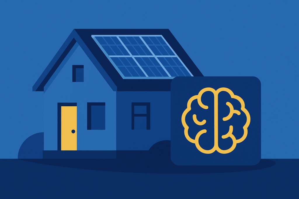 Haus mit Photovoltaik-Anlage auf dem Dach und stilisiertem Gehirn als Symbol für Energiemanagement.