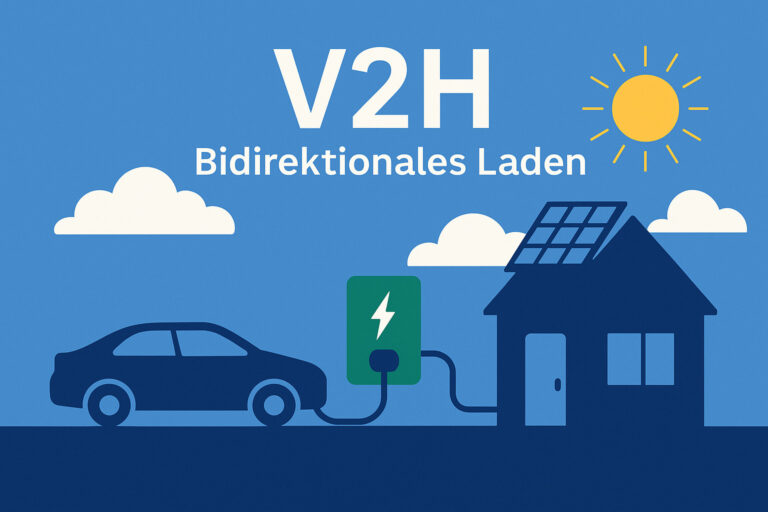 Illustration zu Vehicle-to-Home: Ein Elektroauto ist über eine grüne bidirektionale Wallbox mit einem Haus verbunden. Darüber steht ‚V2H – Bidirektionales Laden‘. Im Hintergrund sind Sonne und Wolken zu sehen.