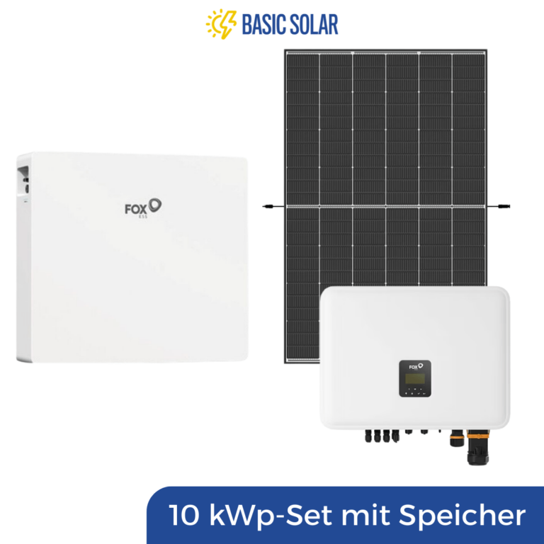 10 kWp PV-Set mit Speicher von Basic Solar bestehend aus 22 Trina Modulen, Fox ESS Hybridwechselrichter und EK12 Batteriespeicher